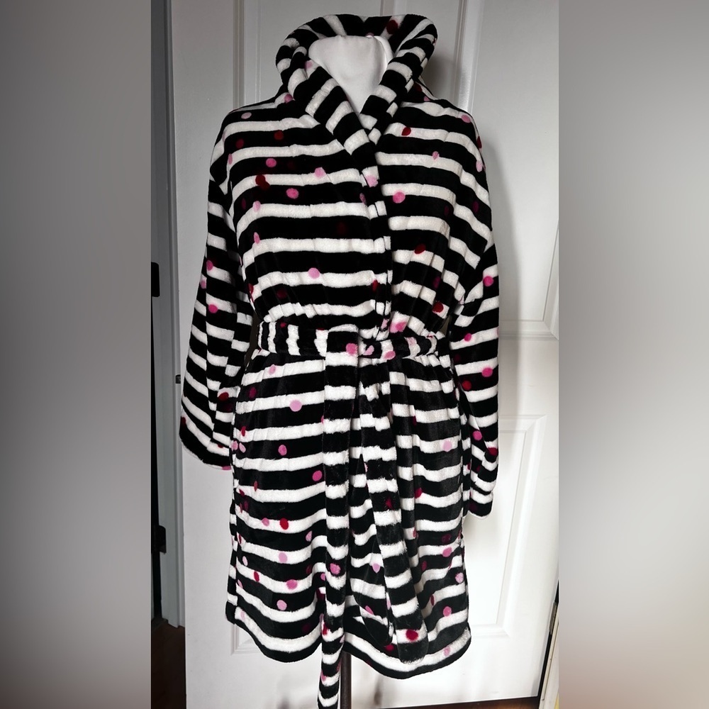 NWT Kate Spade Stripe black white  Polka Dot Robe chenille plush size Xs/small